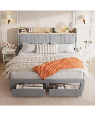  Bed Frame with Storage Headboard, Upholstered Platform Beds with Drawers, Charging Station, Noise-Free, No Box Spring Needed