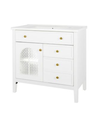 Bathroom Vanity with Sink, Medieval Glass Doors, Motion Sensor Lighting, Flip Drawer & Adjustable Storage for Modern Homes