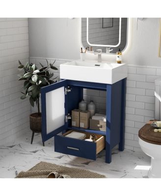  Bathroom Vanity with Ceramic Sink, Glass Door, Drawer & Soft Close for Small Bathrooms