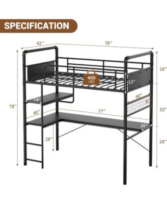 Loft Bunk Bed with L-Shaped Desk Twin Loft Under-Desk Workspace Metal Bunk Ladder High Guardrail Easy Assembly