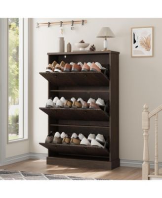 Shoe Cabinet with 3 Flip Drawers Modern Fluted Cabinet with Adjustable Shelves Freestanding Wooden Shoe Organizer for Entryway Hallway