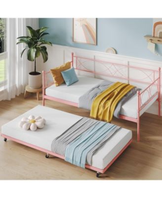 daybed with Trundle, Metal Twin Daybed and Trundle Set, Day Bed Sofa Bed Frame with Steel Slat Support, Multifunctional Daybed Frame