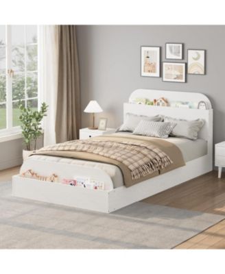 Bed Frame Wooden Storage Headboard Low Platform Sturdy Slats No Box Spring Space-Saving