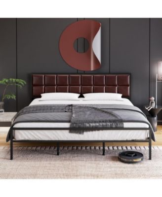 Metal Platform Bed Frame Faux Leather Headboard Strong Slats Support Underbed Storage No Box Spring Apartment Friendly
