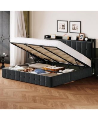 King Bed Frame Lift-Up Storage Upholstered Velvet Tufted Headboard Metal Frame Wooden Slats No Box Spring