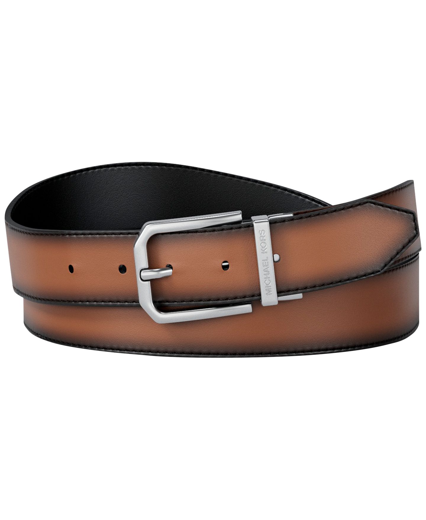 Мужской ремень Michael Kors Gunmetal Buckle Leather Belt, цвет: Коричневый / Чёрный — фото 1
