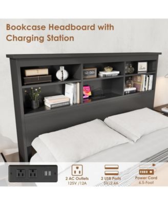 Bed Frame with 2-Tier Bookcase Headboard, Type-C & USB Charging Station – Tall Sturdy Wooden and Metal Foundation