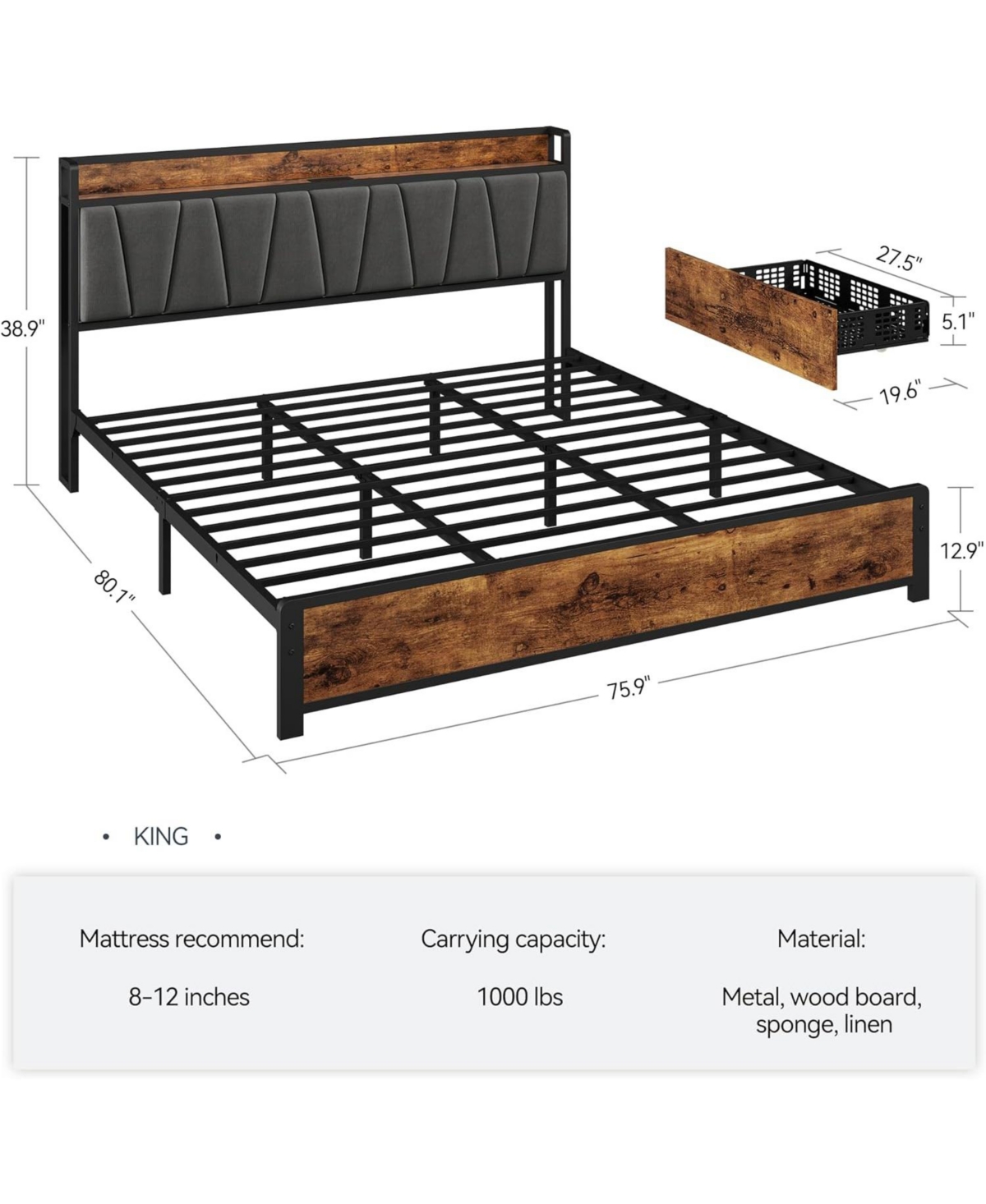 gaomon Bed Frame with Upholstered Storage Charging Headboard, Heavy Duty Metal Platform Bed Frame with 4 Storage Drawers