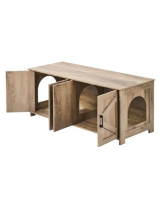 Wooden Cat Litter Box Enclosure, 2-Room Hidden Pet Furniture with Greige Finish for Indoor Use