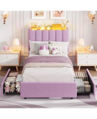 Upholstered Platform Bed Frame Wavy Headboard Storage Bookcase 2 Drawers No Box Spring.