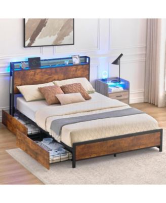 Queen Bed Frame Storage Headboard 4 Drawers Charging Station LED Lights Metal Support No Box Spring Vintage