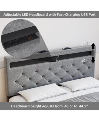 Queen Upholstered Platform Bed Frame LED Headboard USB Charging Fast-Charging Ports No Box Spring Easy Assembly