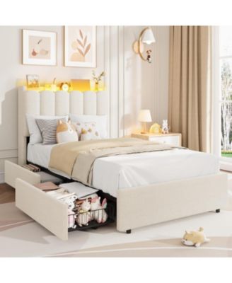 Twin-XL Boucle Upholstered Platform Bed Wavy Headboard Storage Bookcase 2 Drawers No Box Spring