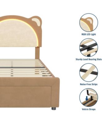 Upholstered Platform Bed Adjustable LED Headboard Storage Drawer Wooden Slats No Box Spring.