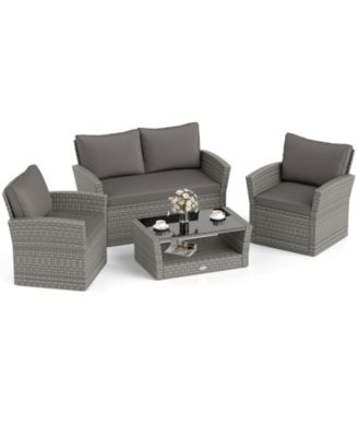 Set Of 8 Patio Furniture Set w/ 4 Rattan Chairs Loveseat Coffee Table Cushions