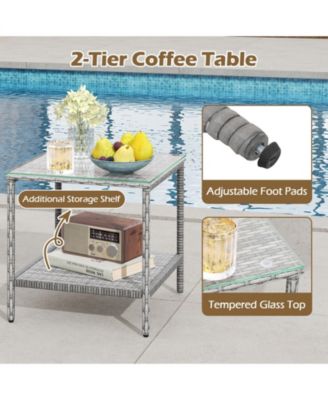 3 Pieces Patio Furniture Set PE Rattan Porch Chairs w/ 2-Tier Table