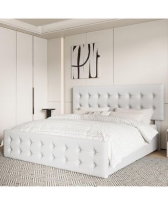 Bed Frame 4 Storage Drawers Linen Upholstered Headboard Wooden Slats No Box Spring Button Tufted.