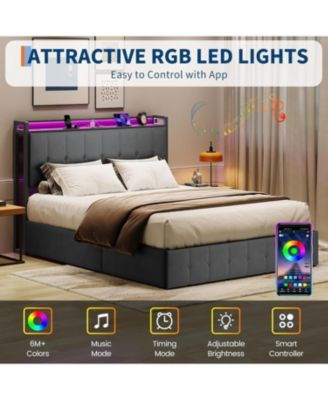  Bed Frame Lift-Up Storage LED Lights Upholstered Velvet Charging Headboard Metal Frame No Box Spring