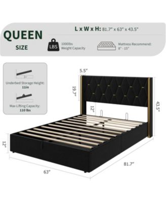 Queen Size Lift Up Storage Bed Frame with with Gold Wingback Headboard, Velvet Upholstered Bed Frame with Diamond Tufted Design & Gold Trim