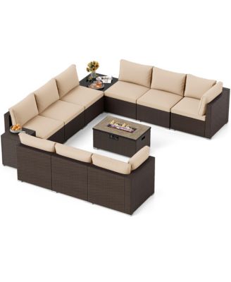 12 PCS Outdoor Patio Wicker Sectional Sofa Set w/ 32'' Propane Fire Pit Table Tank Holder