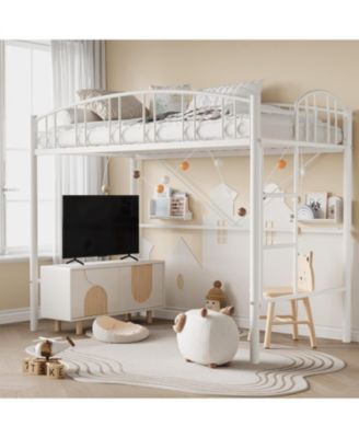 Twin Loft Bed-Heavy Duty Metal Frame-Arched Guardrail Safety Ladder-Space Saving Home Bedroom Furniture