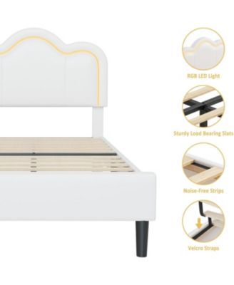 Upholstered Smart LED Bed Adjustable Hills Headboard PU Leather Platform Wooden Slats No Box Spring Easy Assembly
