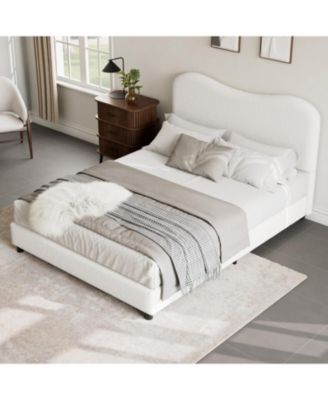 Boucle Bed Frame with Upholstered Headboard, Soft Low Profile Sturdy Platform Bed with Rounded Corners Design, Heavy Duty, Wooden Slats