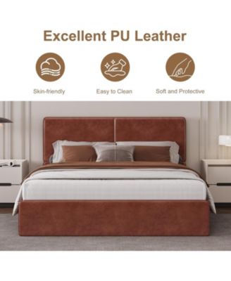 Upholstered Platform Bed Frame with 2 Storage Drawers, Faux Leather Low Profile Bed Base with Wood Slat Support