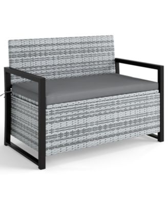 Patio Storage Bench Wicker Loveseat w/ Built-in Storage & Long Seat Cushion Outdoor