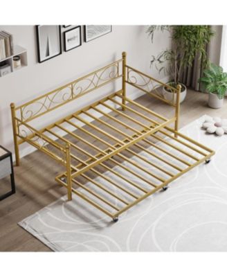 Twin Daybed with Trundle Space-Saving Gold Metal Frame Storage Clearance Heavy Duty Slats Elegant Design