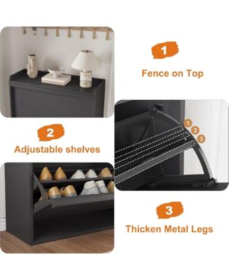 Shoe Cabinet with 3 Flip Drawers, Narrow Cabinet with Adjustable Shelves, Modern Wooden Shoe Organizer with Hidden Handle for Entryway