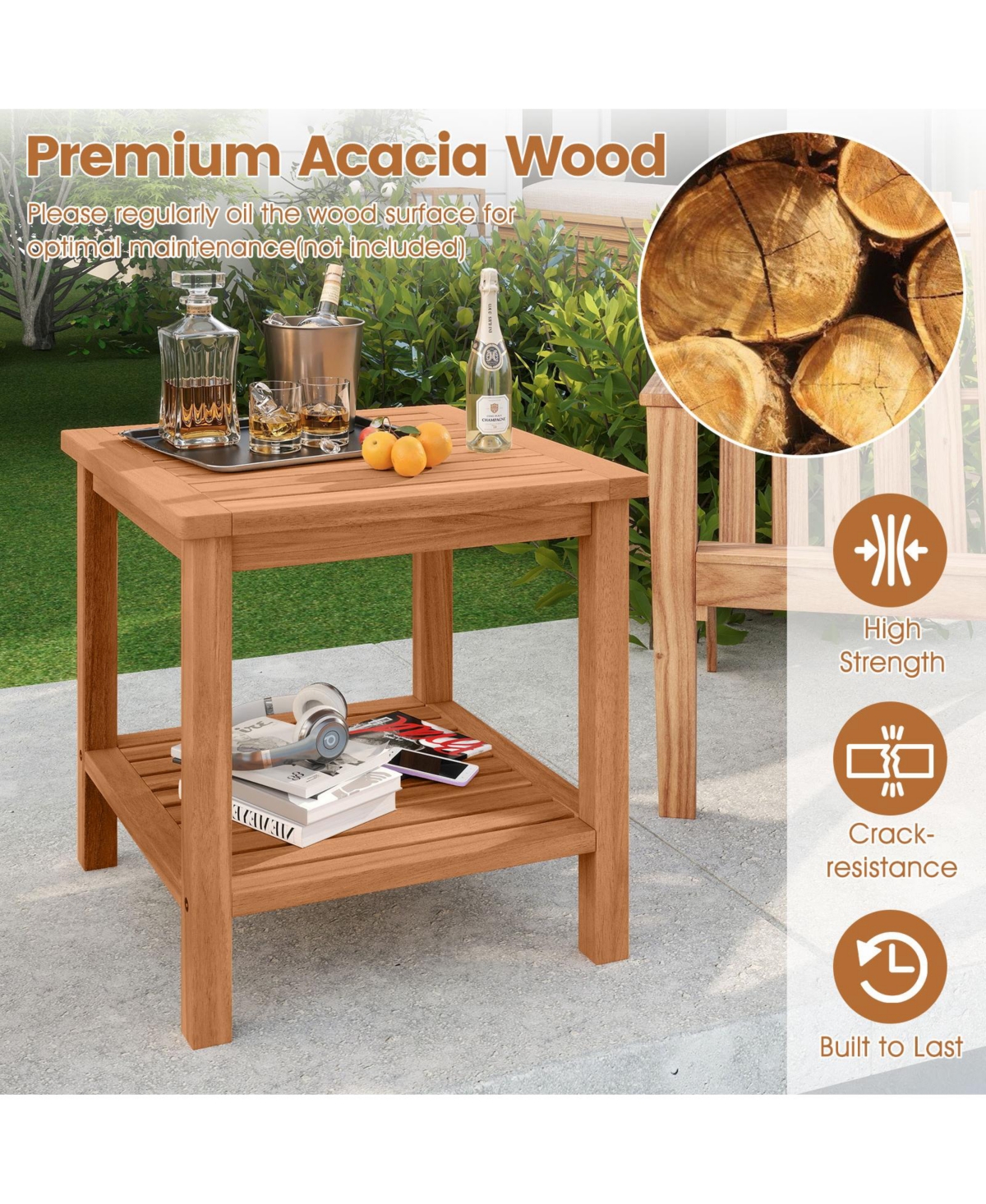 Gymax 2PCS 2-Tier Patio Acacia Wood Side Table w/ Slatted Tabletop Storage Shelf