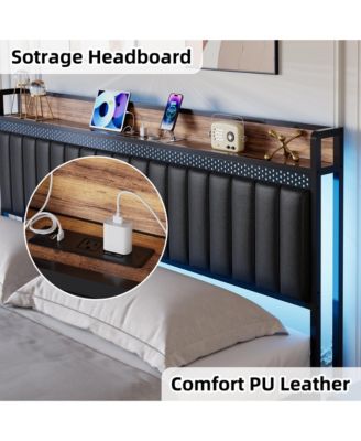 Queen Bed Frame Led Light Charging Station Upholstered Platform Storage Headboard Metal Slat Easy Assembly Noise Free Black