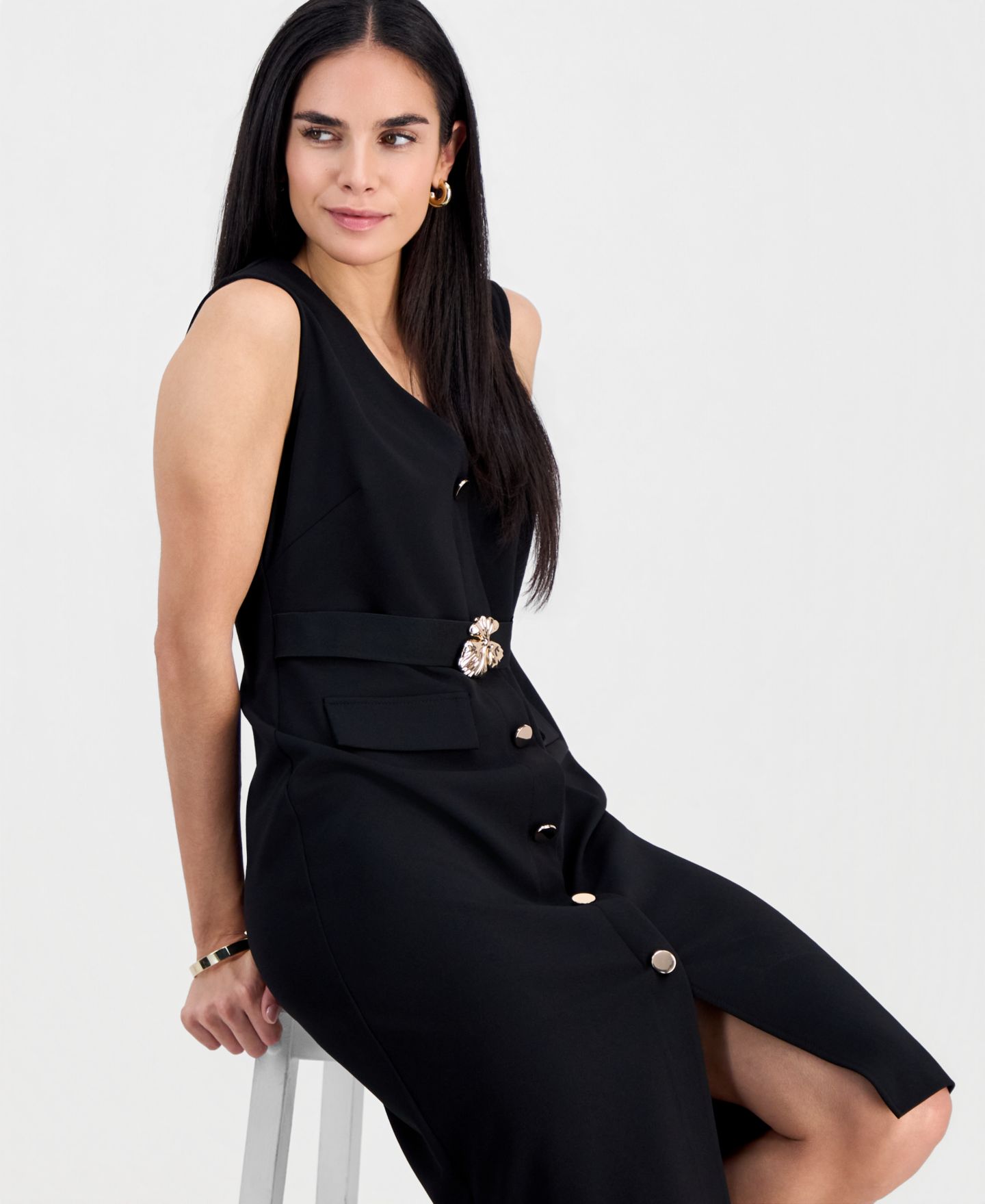 Женское платье Connected Petite Belted Sleeveless Dress, цвет: Чёрный — фото 4