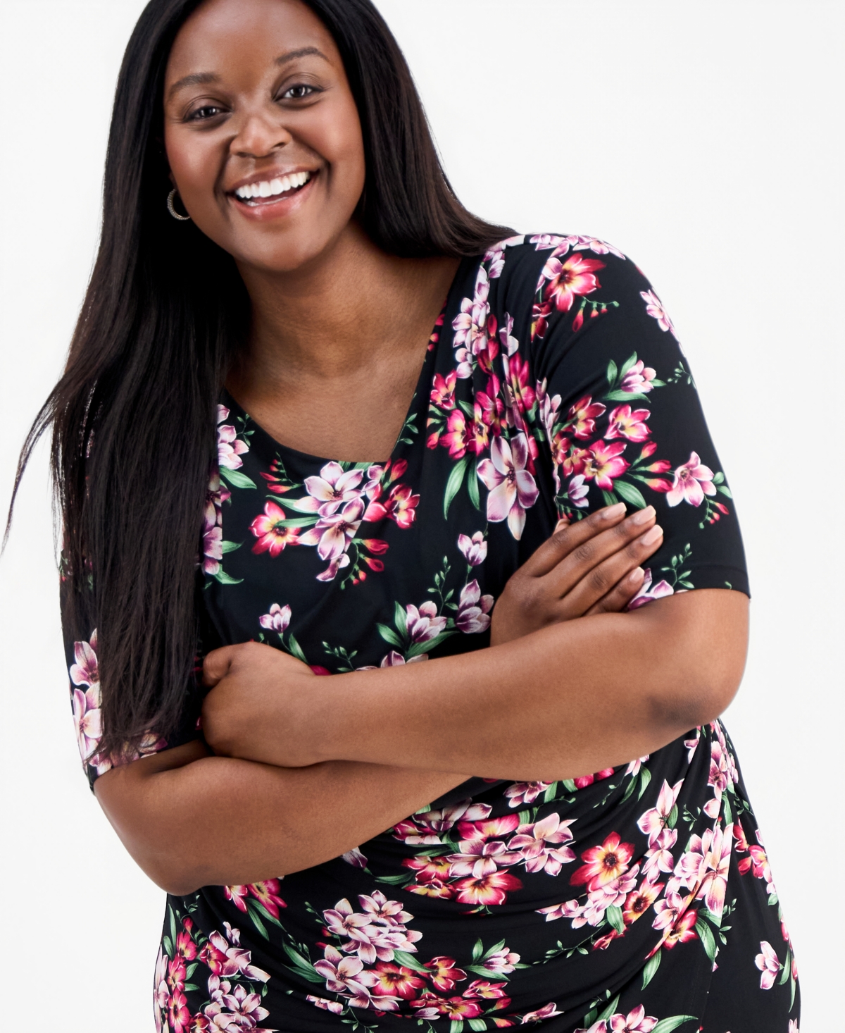 Connected Plus Printed Asymmetric-Neck Short-Sleeve Dress