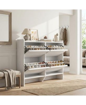 Narrow Shoe Cabinet with 4 Flip Drawers, Adjustable Shelves, Modern Wooden Organizer with Hidden Handle for Entryway