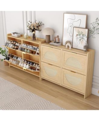 4 Flip-Drawer Shoe Storage Cabinet - Free Standing Narrow Organizer with Rattan Doors for Entryway and Hallway