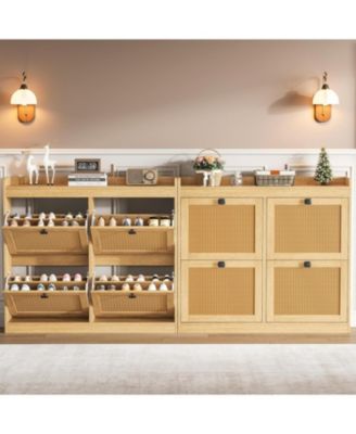 2PCS Of Shoe Cabinet with 4 Deep Flip Drawers Base Freestanding Wooden Shoe Storage Cabinet with Rattan Door and 3-Tier Adjustable Shelves