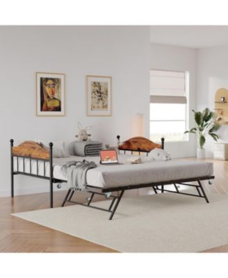Daybed With Trundle, Metal Twin Day Bed With Stylish Headboard, Sofa BedFrame With Pop Up Foldable Trundle Bed, Heavy Duty Steel Slats Platform