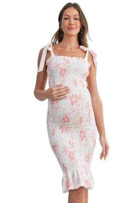 Maternity Bodycon Floral Smocked Midi Dress with Adjustable Tie Straps