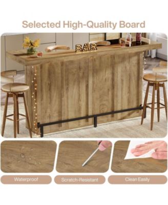 4-Tier Bar Table, 70.9-Inch Large Wooden Home Bar Unit with Wine Glass Holder and Black Footrest