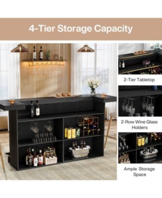 4-Tier Bar Table, 70.9-Inch Large Wooden Home Bar Unit with Wine Glass Holder