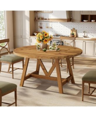 Solid Wood Dining Table for 4-6, Farmhouse Round Kitchen Table, Brown