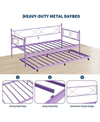 Twin Metal Daybed Frame with Trundle Heavy Duty Metal Slats Platform Sofa Bed Lockable Casters Bedroom Guest