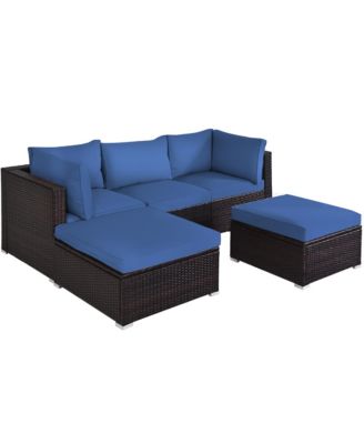 5PCS Rattan Patio Conversation Set Outdoor Furniture Set w/ Ottoman Navy Cushion