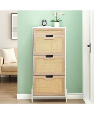 Rattan Shoe Cabinet for Entryway 3 Tier Slim Shoe Rack with Flip Drawers Narrow Door Freestanding Shoe Storage Organizer
