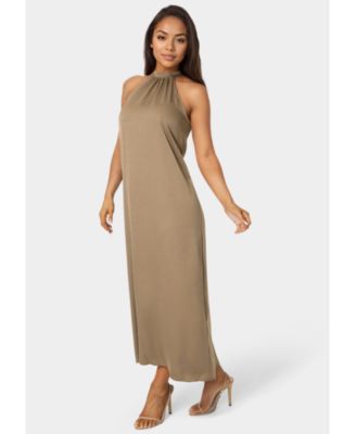 Women's Crushed Satin Mock Neck Maxi Dress
