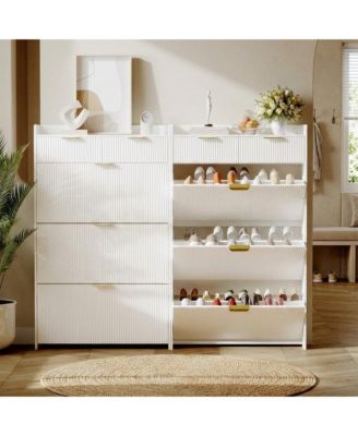 Modern Natural Shoe Cabinet with 3 Flip Drawers and 2 Small Drawers and Hook Slim Fluted Shoe Storage Organizer Narrow Entryway Cabinet