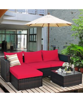 5PCS Cushioned Rattan Patio Conversation Set with Ottoman Red Cushion