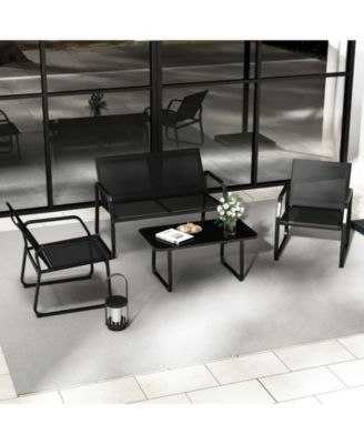 4 PCS Patio Conversation Set w/ Breathable Fabric Seat Tempered Glass Tabletop